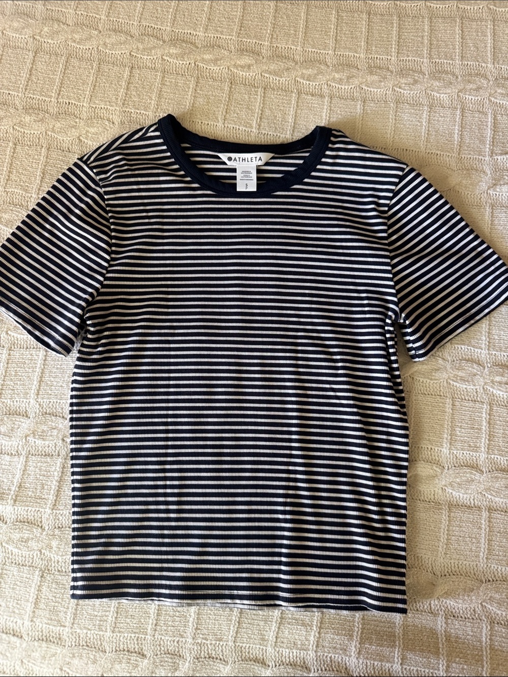 Athleta Navy and White Striped Short Sleeve Crew Tee